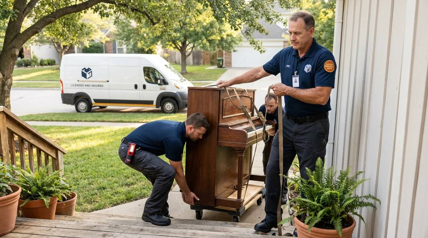 Licensed piano movers securing grand piano in Parkersburg, WV