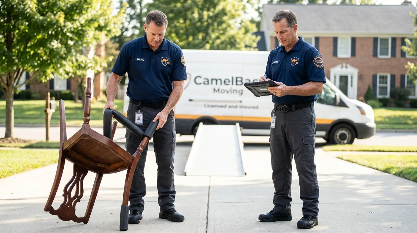 Movers inspecting furniture for damage prevention before loading in Parkersburg, WV
