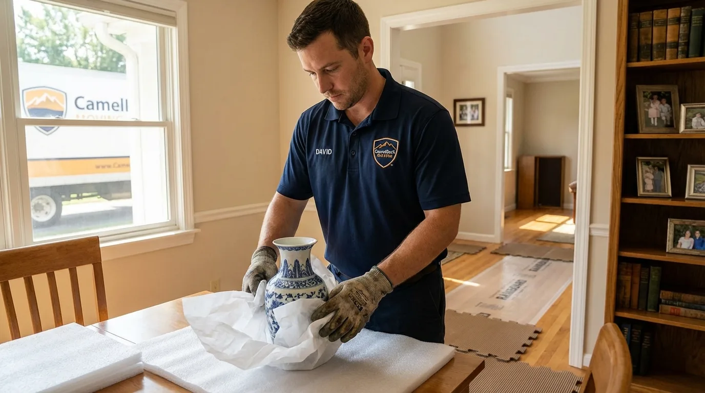 Professional crew carefully wrapping antique vase for senior downsizing move in Parkersburg, WV